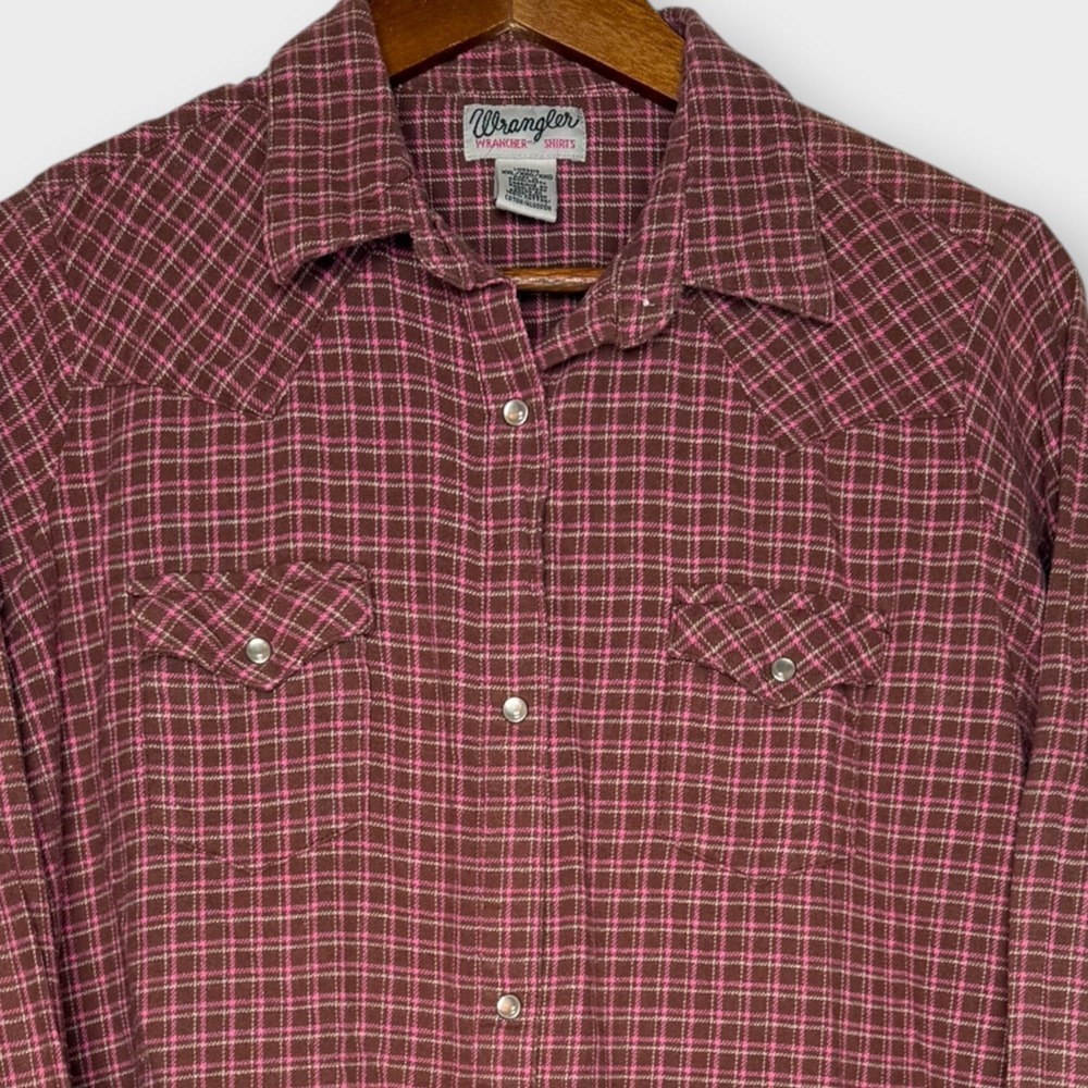 Wrangler Wrancher Pearl Snap Flannel Long Sleeve Shirt Brown Pink Plaid Soft XXL